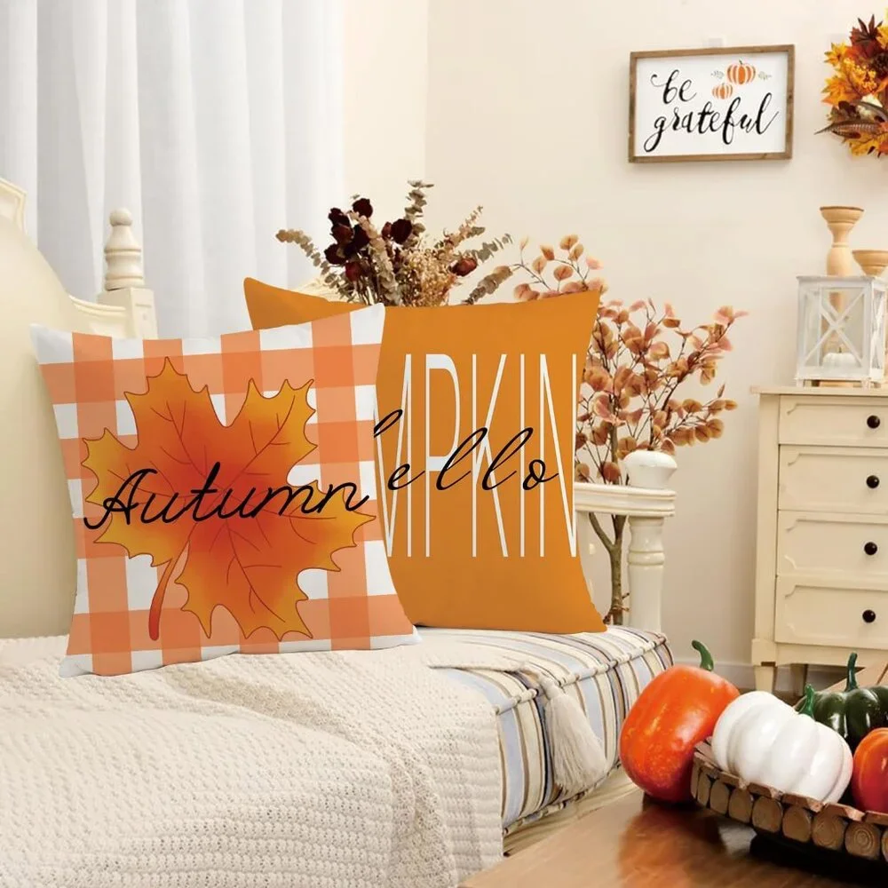 THANKSGIVING FALL FARMHOUSE AUTUMN PUNPKIN ACCENT PILLOW COVERS 4 PIECE SET NWT